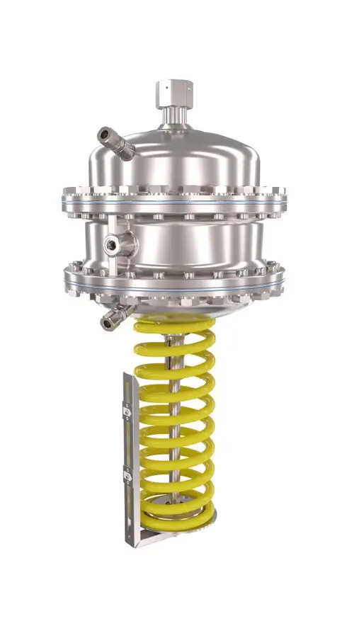 Silberner Druckregler mit gelber Spiralfeder und Anschlüssen, hergestellt von Danfoss. Das Produkt ist für die Regelung von Volumenströmen und Differenzdrücken konzipiert.